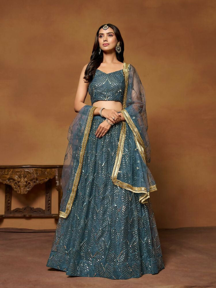 Blue Butterfly Soft Net Embroidery With Real Mirror Work Lehenga Choli - Jihu Culture | Grocsy