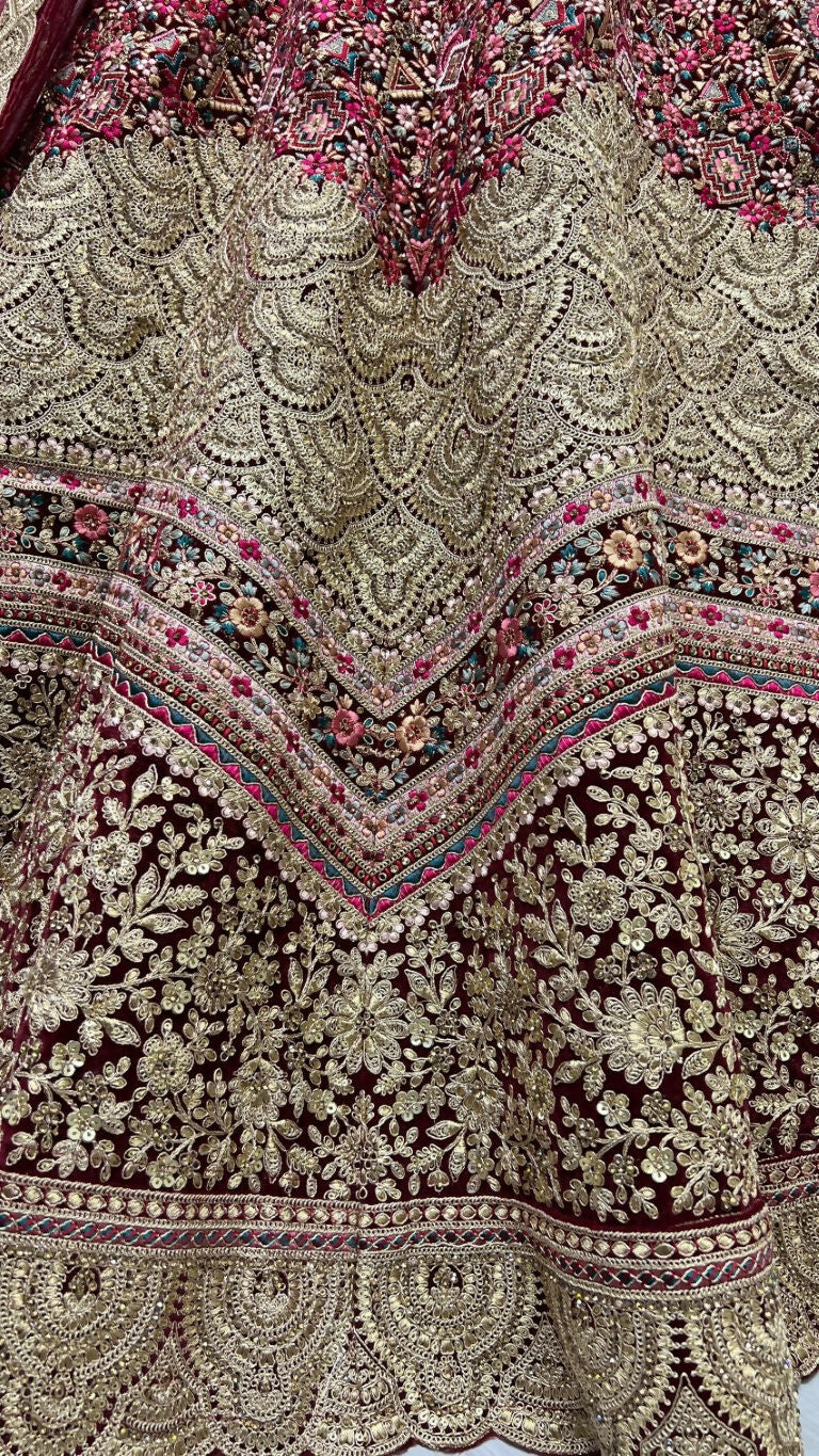 Jyoti Fashion Women's Maroon Velvet Fancy Dori & Sequins Multi Thread Embroidered with Diamond Work Wedding Lehenga Choli | Grocsy