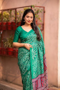 Green Silk Blend Ajrak Saree with Unstitched Blouse - A2M | Grocsy