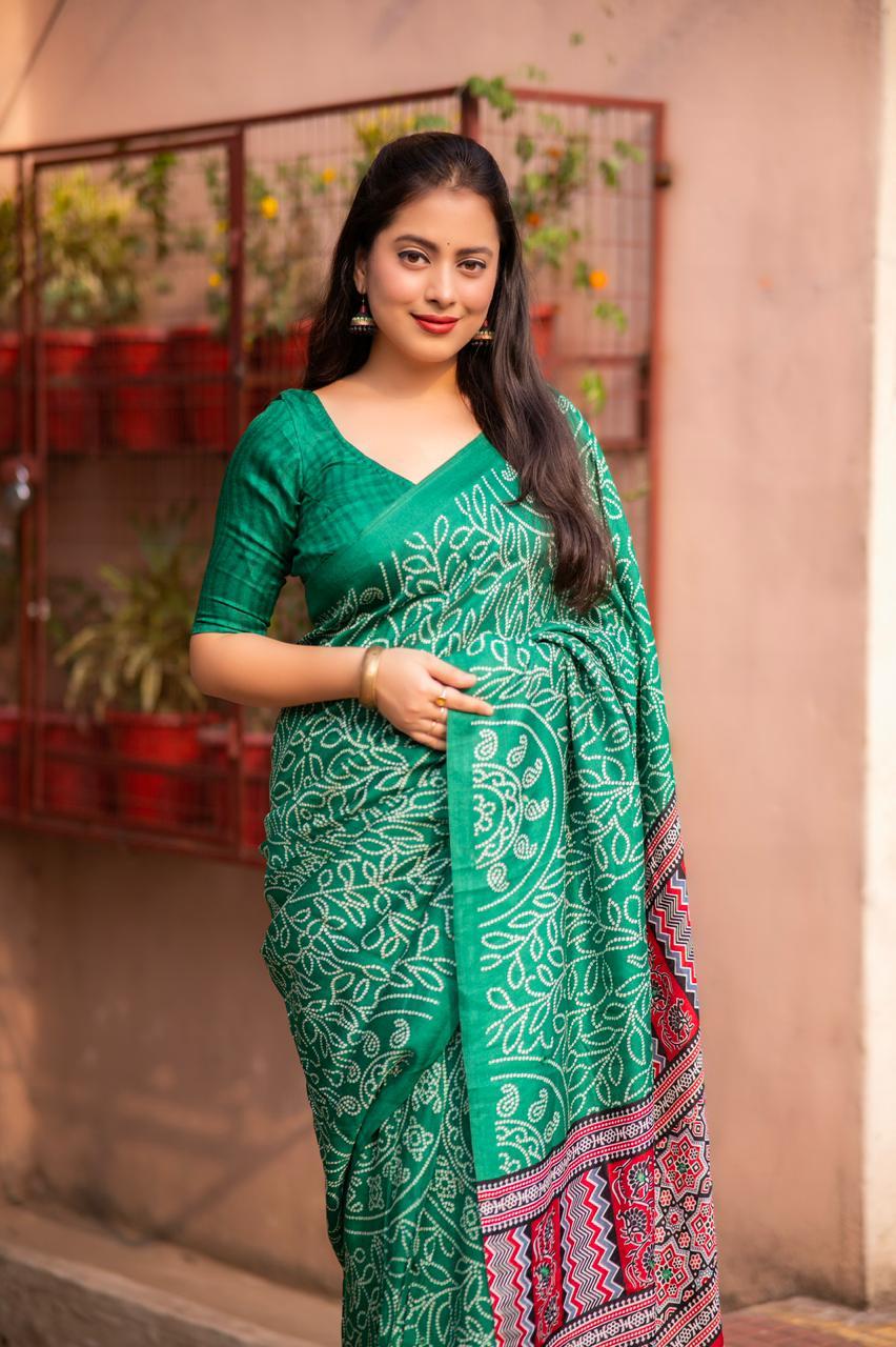 Green Silk Blend Ajrak Saree with Unstitched Blouse - A2M | Grocsy
