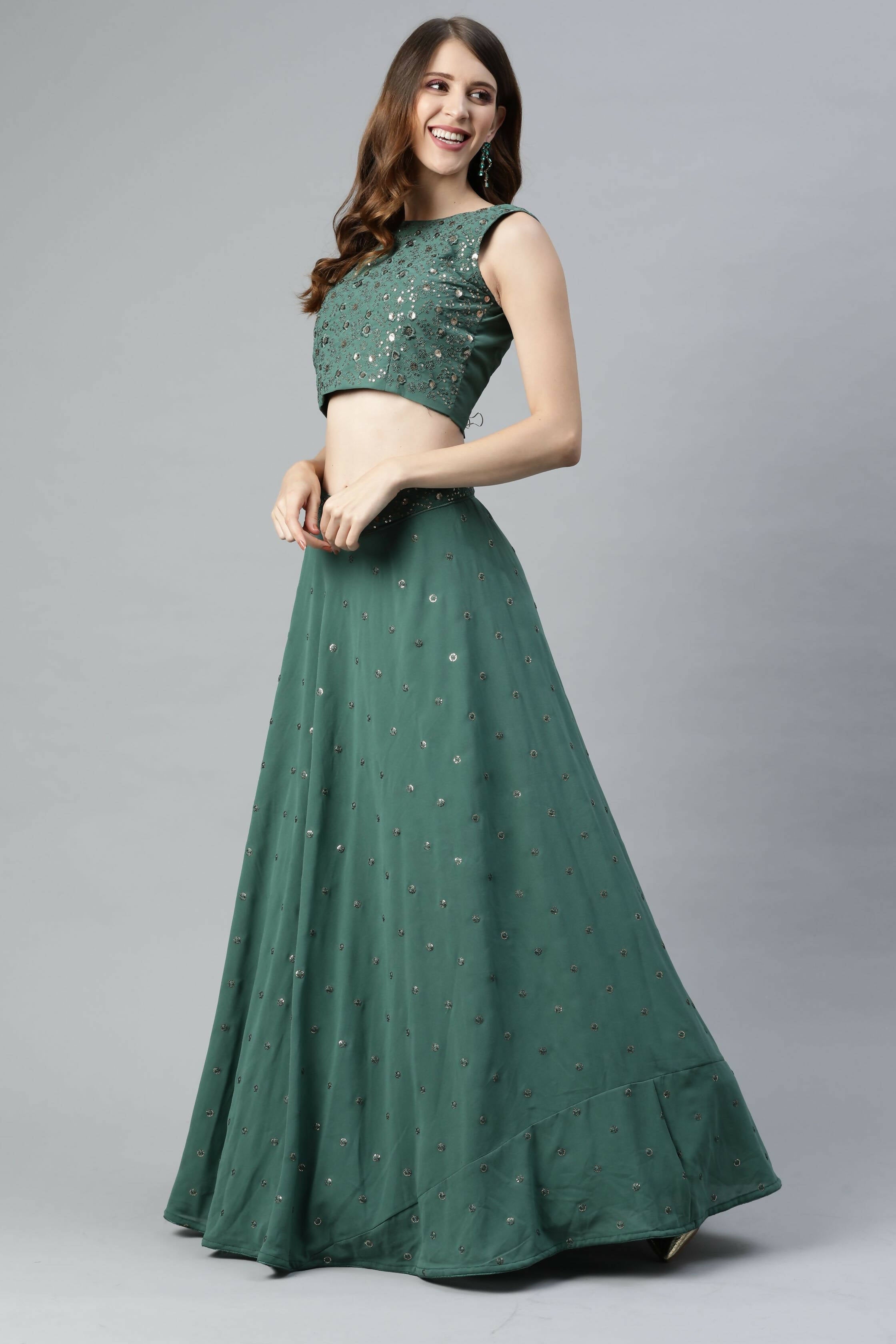 Pista Georgette Sequins Embroidery Work Lehenga Choli with Dupatta - Jivika | Grocsy