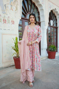 Vaasva Women Peach Muslin Embroidered Kurta, Pant & Dupatta Set | Grocsy