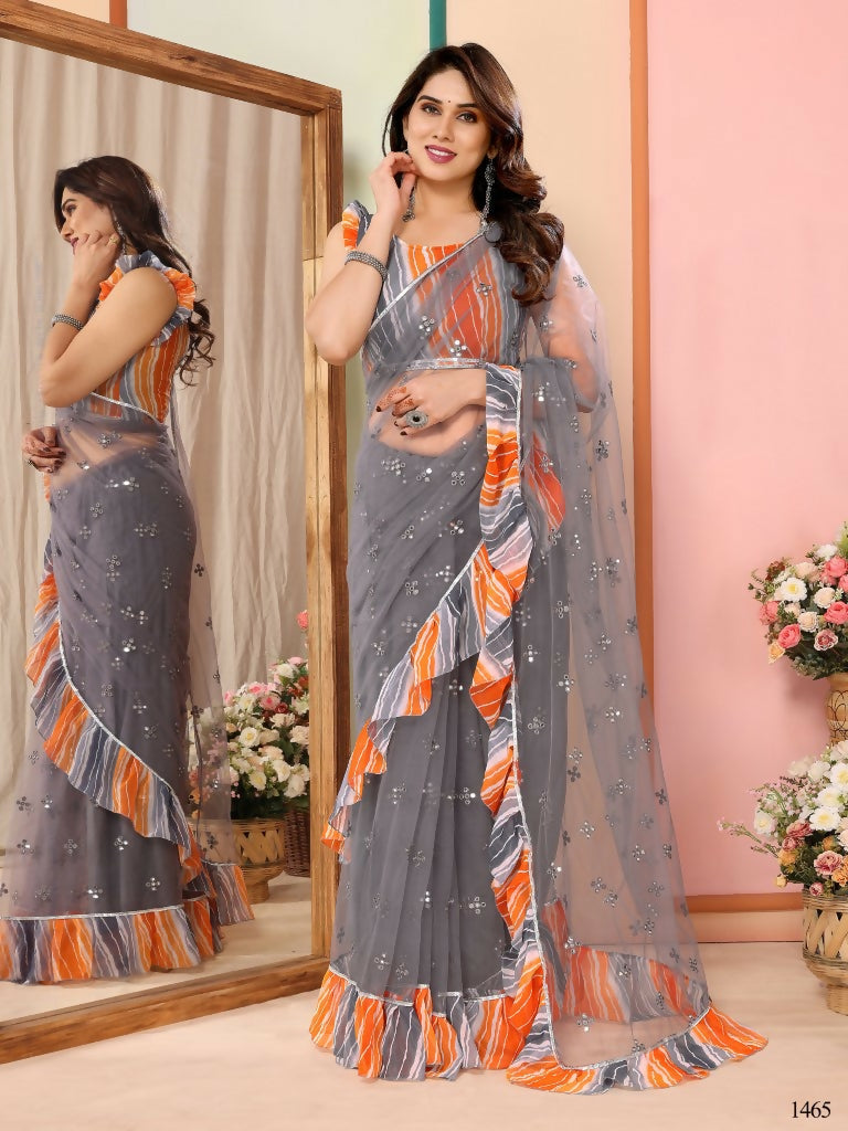 Partywear Designer Grey Net Fancy Saree - Dyuti | Grocsy