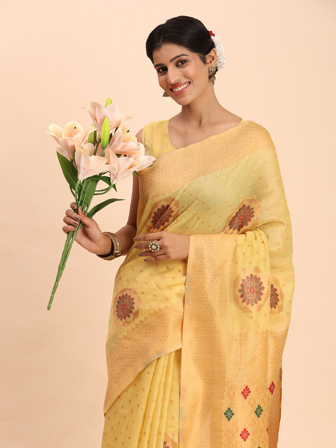 Shree Shyam Fashion Linen Cotton Yellow Saree | Grocsy