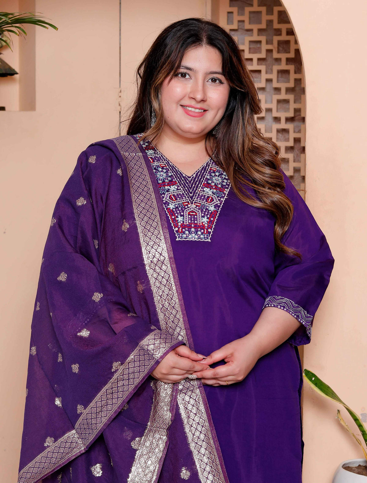 Miravan Women's Plus Size Purple Muslin Straight kurta and palazzo with dupatta Suit set | Grocsy