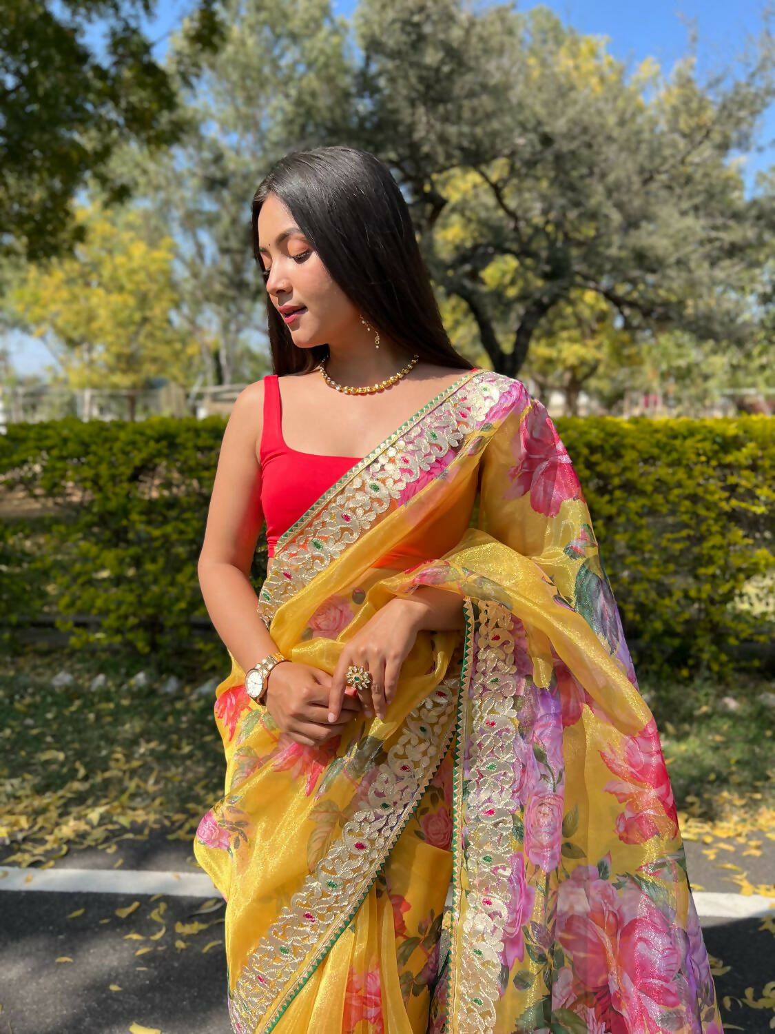 Vamsee Yellow Organza Saree | Grocsy