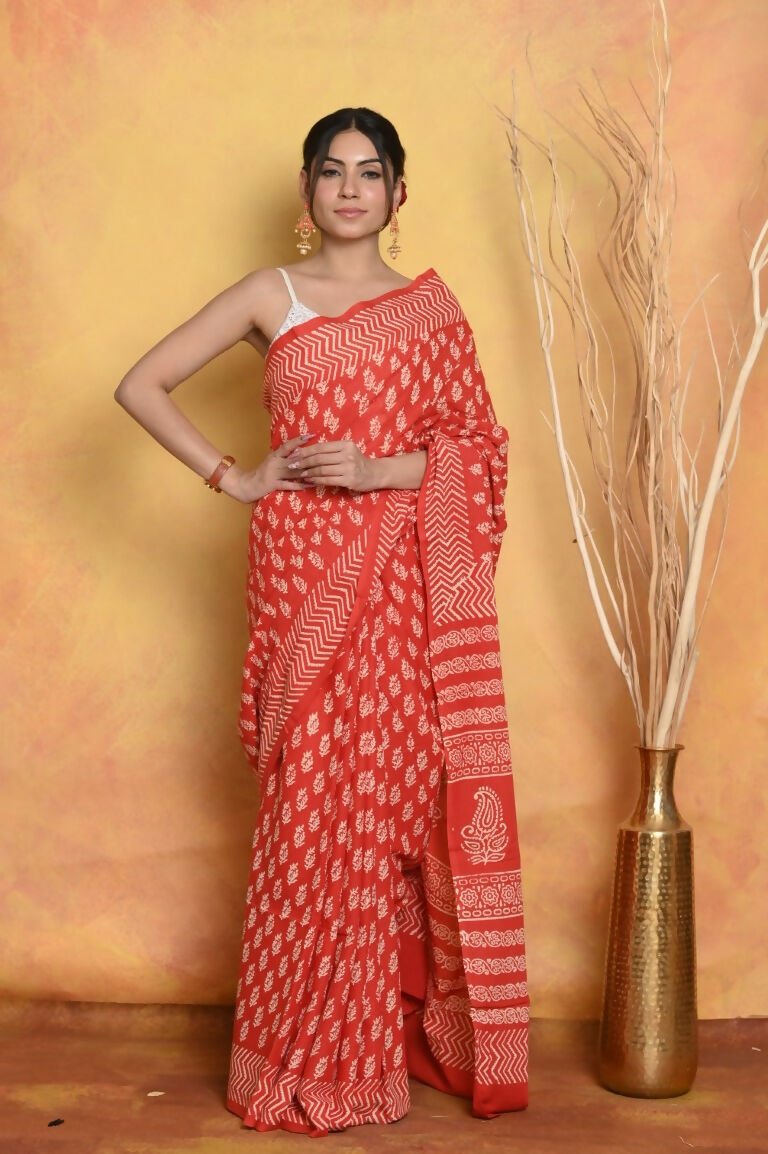 Very Much Indian Handblock Printed Cotton Saree With Natural Dyes - Orange | Grocsy