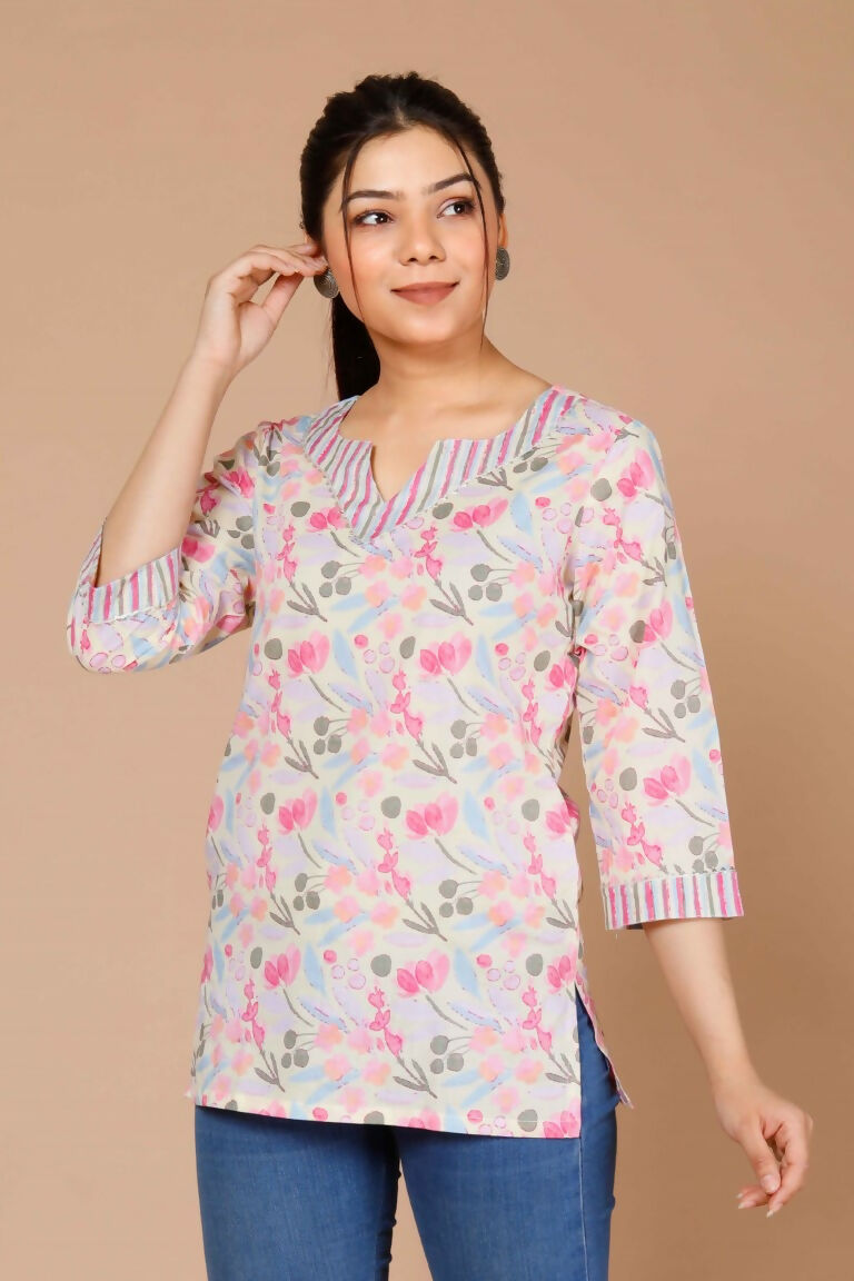 Miravan Women's Floral Printed Pure Cotton Pink Kurti | Grocsy