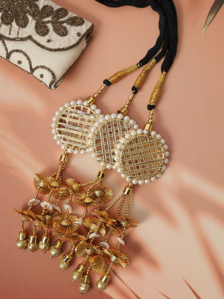 Ruby Raang Gold Gota Pati Work And Threads With Pearls And Black Thread And Mirrors | Grocsy