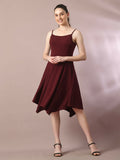 Myshka Women's Maroon Solid Shoulder Straps Fit and Flare Party Dress | Grocsy