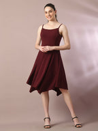 Myshka Women's Maroon Solid Shoulder Straps Fit and Flare Party Dress | Grocsy