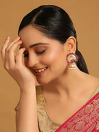 Nuyug 22K Gold Plated Ruby & Pearl Studded Dome Shaped Jhumkas | Grocsy