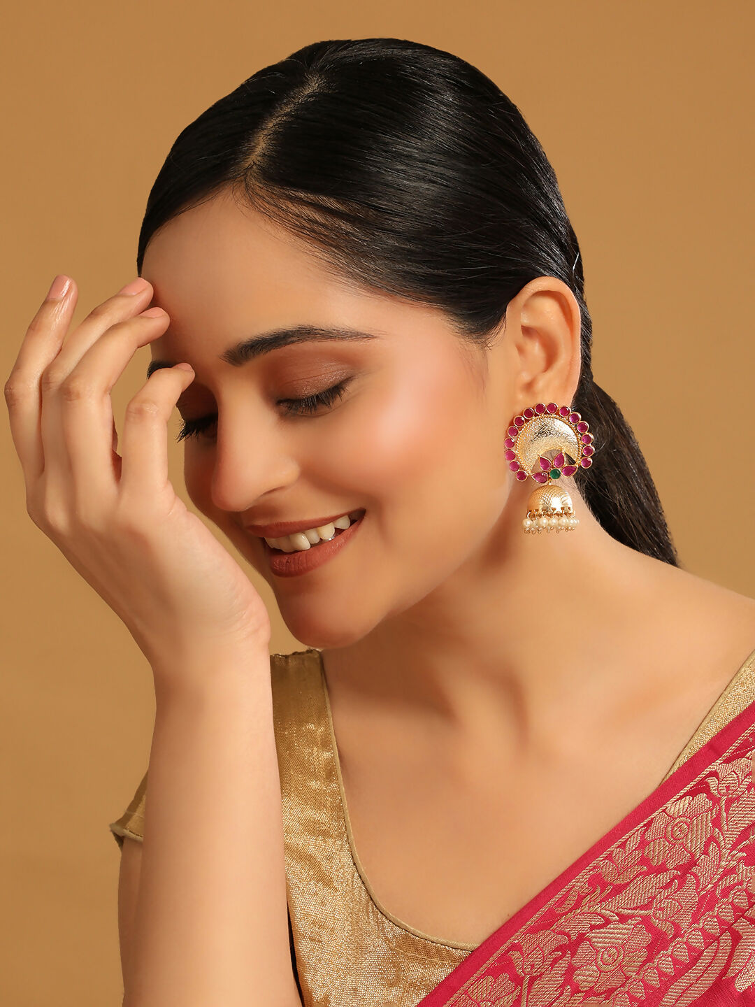 Nuyug 22K Gold Plated Ruby & Pearl Studded Dome Shaped Jhumkas | Grocsy