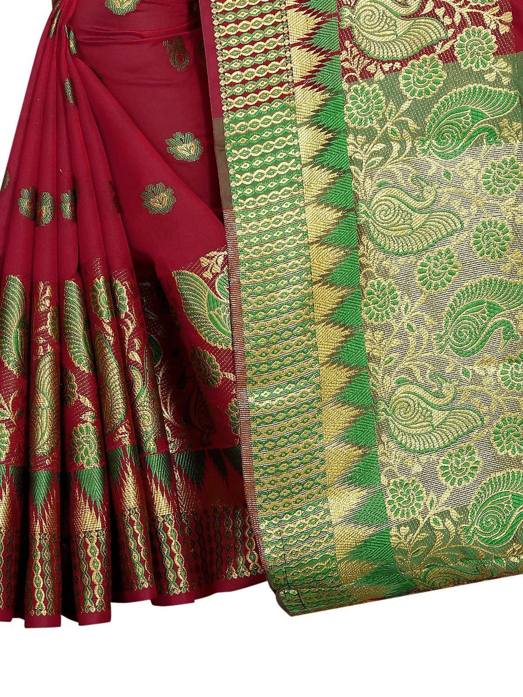 Vamika Banarasi Jaquard Red Weaving Saree With Green Blouse | Grocsy