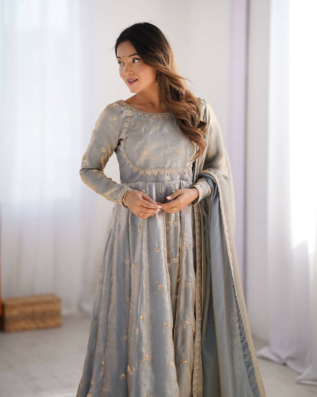 The52 Women's Beautiful Fandy Silk Fabric Embroidery Work Flared Anarkali Pant and Dupatta Set | Grocsy