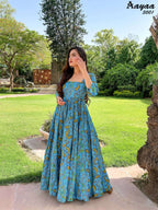 Aayaa Pure Ab Cotton Gown With Heavy Digital Print - Multi Color | Grocsy