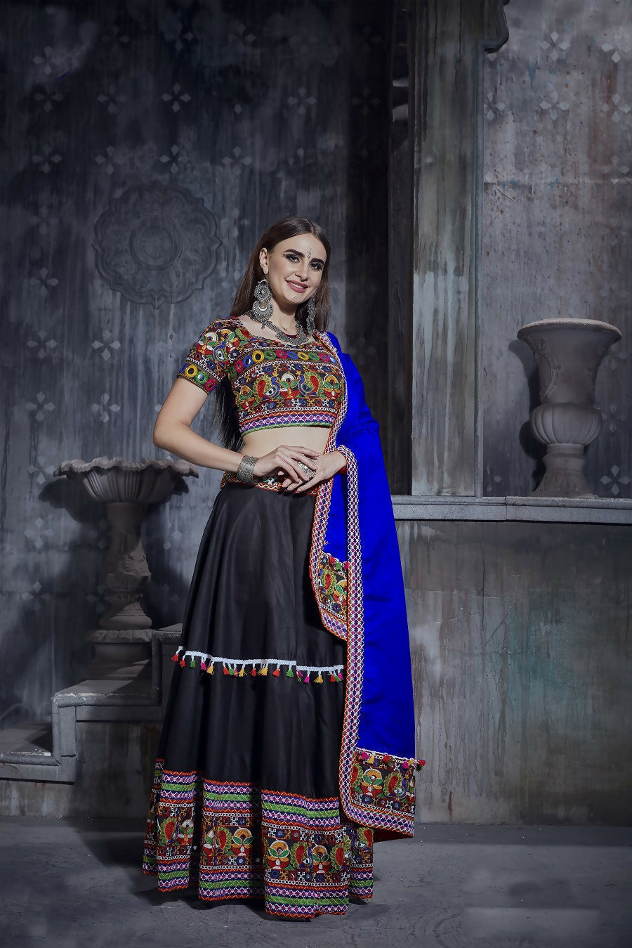 AI Fashion Black Art Silk Designer Navratri Lehenga Choli Collection | Grocsy