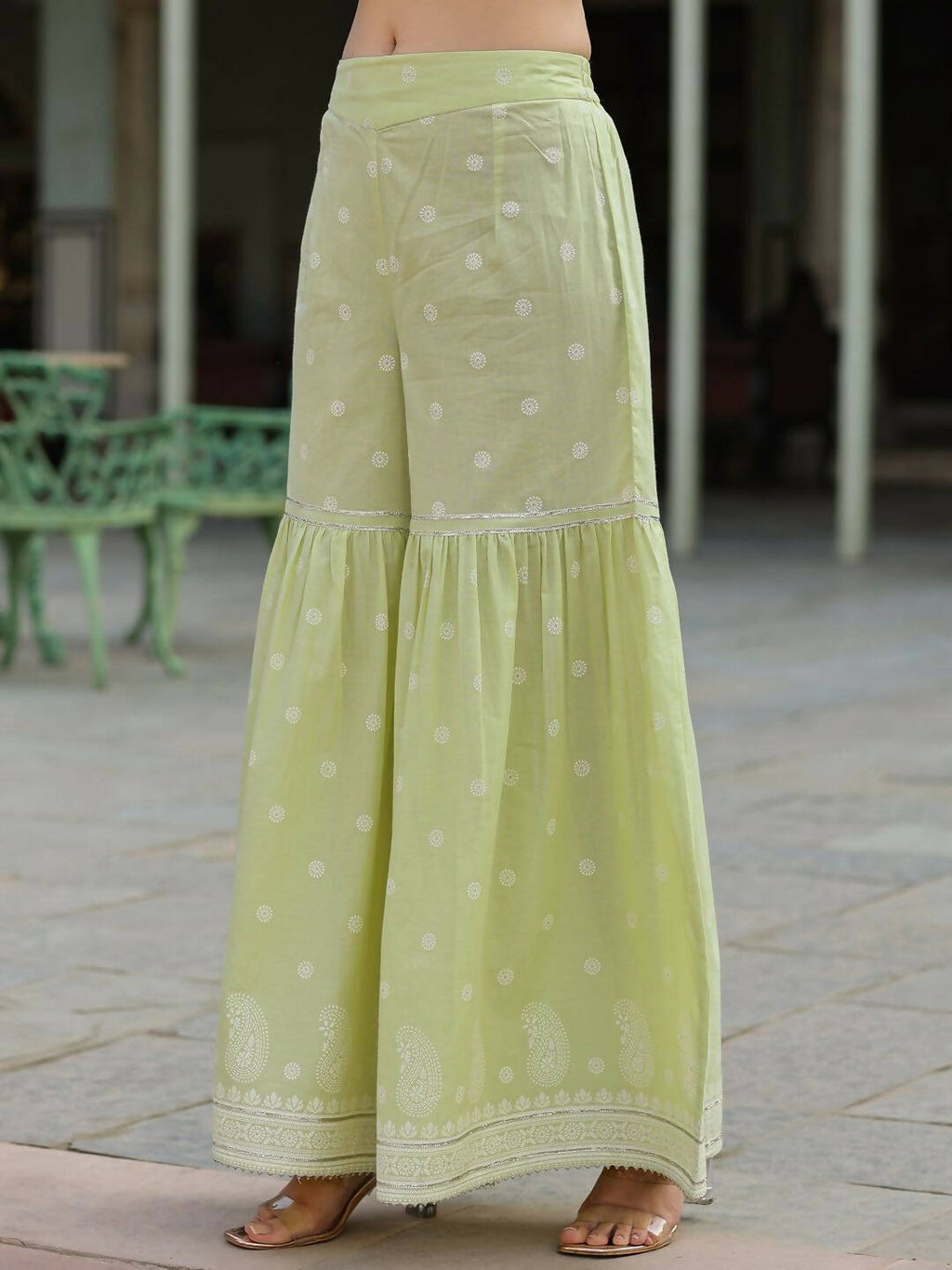 Juniper Women's Lime Green Cambric Floral Print Kurta Sharara Sets | Grocsy