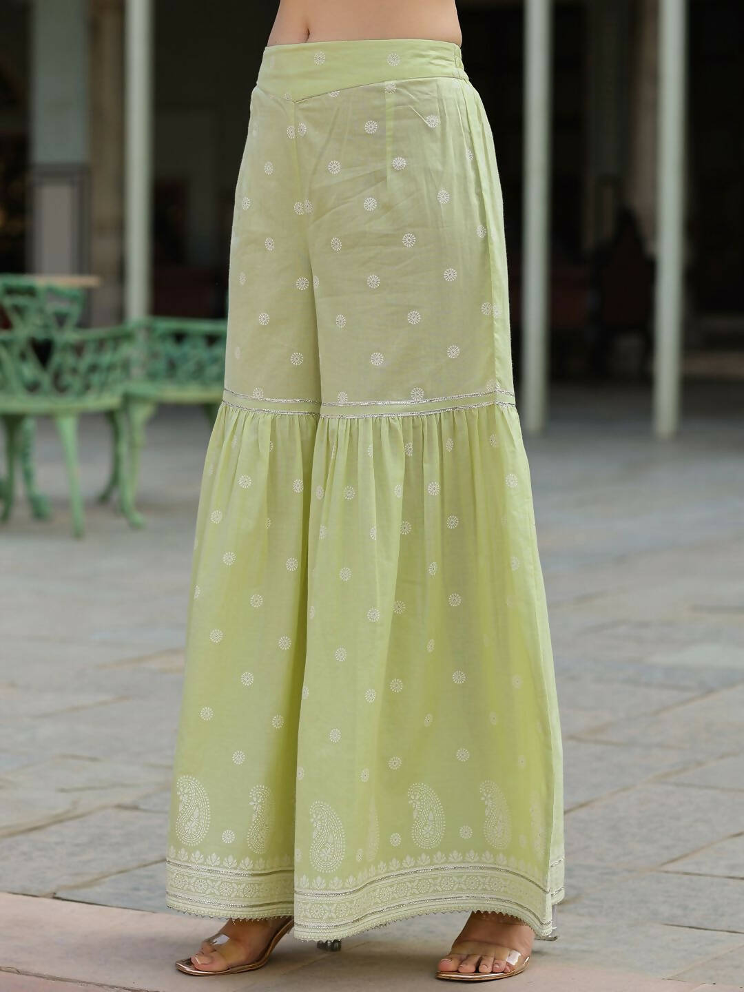 Juniper Women's Lime Green Cambric Floral Print Kurta Sharara Sets | Grocsy