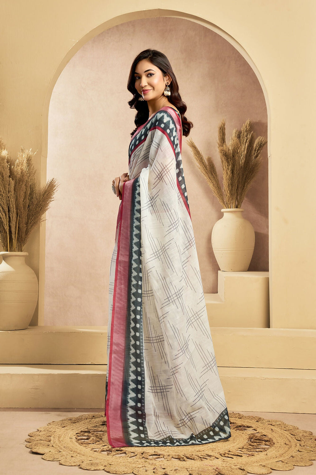 Vastranavya Digital Printed Linen Ready To Wear Pocket Saree with Unstitched Blouse | Grocsy