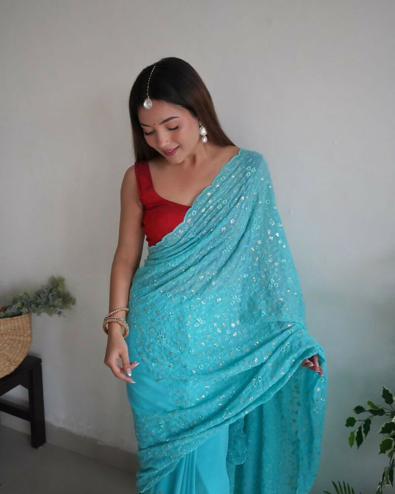 Vamsee Trendy Sequence Sky Blue Georgette Saree | Grocsy