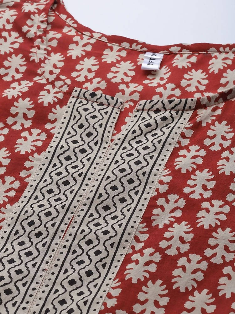 Yufta Women Rust Red and Beige Print Pure Cotton Kurta with Trouser and Dupatta | Grocsy