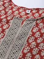 Yufta Women Rust Red and Beige Print Pure Cotton Kurta with Trouser and Dupatta | Grocsy