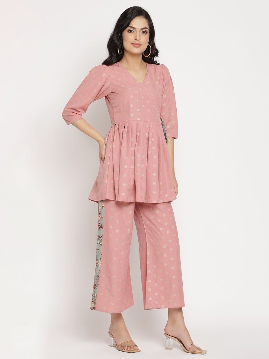 Ahalyaa Pink Ethnic Motifs Printed Angrakha Kurti With Palazzos For Women | Grocsy
