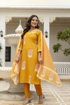The52 Women's Beautiful Rayon Fabric Printed Work Straight Kurta Pant and Dupatta Set | Grocsy