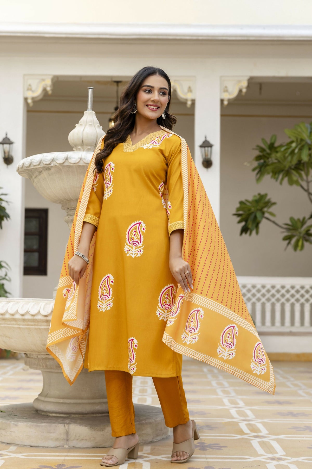 The52 Women's Beautiful Rayon Fabric Printed Work Straight Kurta Pant and Dupatta Set | Grocsy