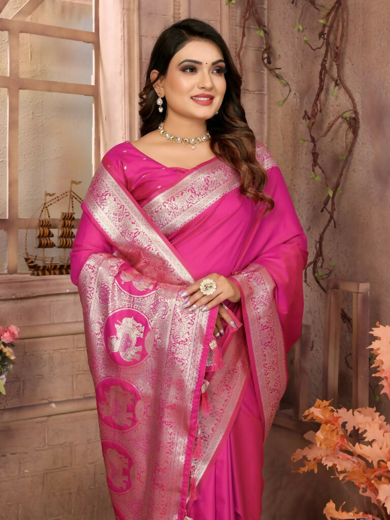 Anaita Dark Pink Banarasi Silk With Beautiful Gala Weaving Saree With Blouse | Grocsy