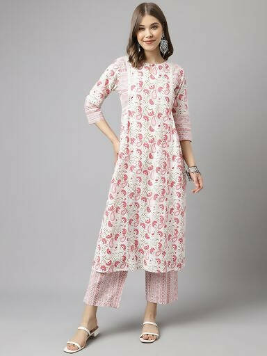 FIORRA Women's White Cotton A-line Kurta with Palazzo | Grocsy