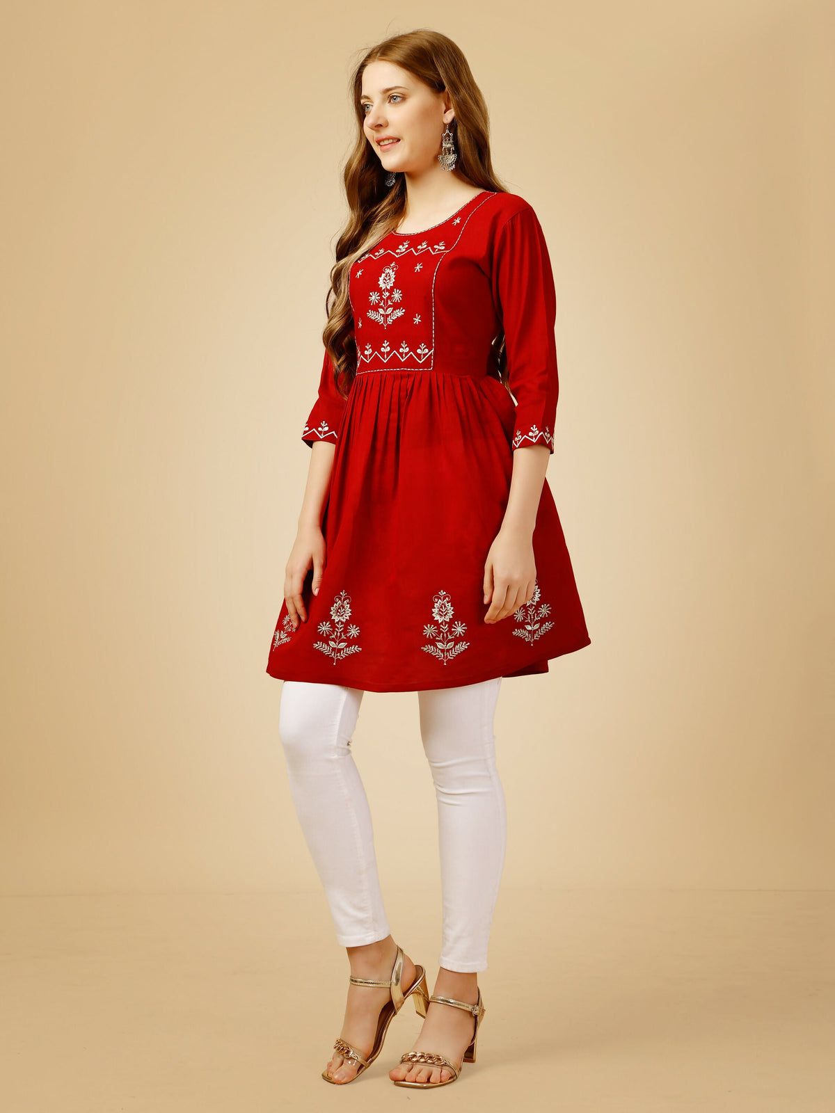 Jyoti Fashion Women's Red Viscose Rayon Embroidered Casual Top | Grocsy