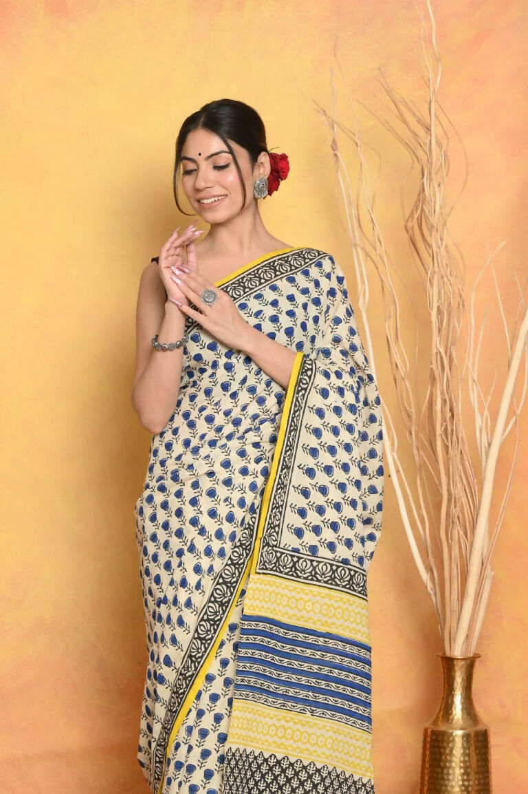 Very Much Indian Handblock Printed Cotton Saree With Natural Dyes - White | Grocsy