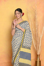 Very Much Indian Handblock Printed Cotton Saree With Natural Dyes - White | Grocsy