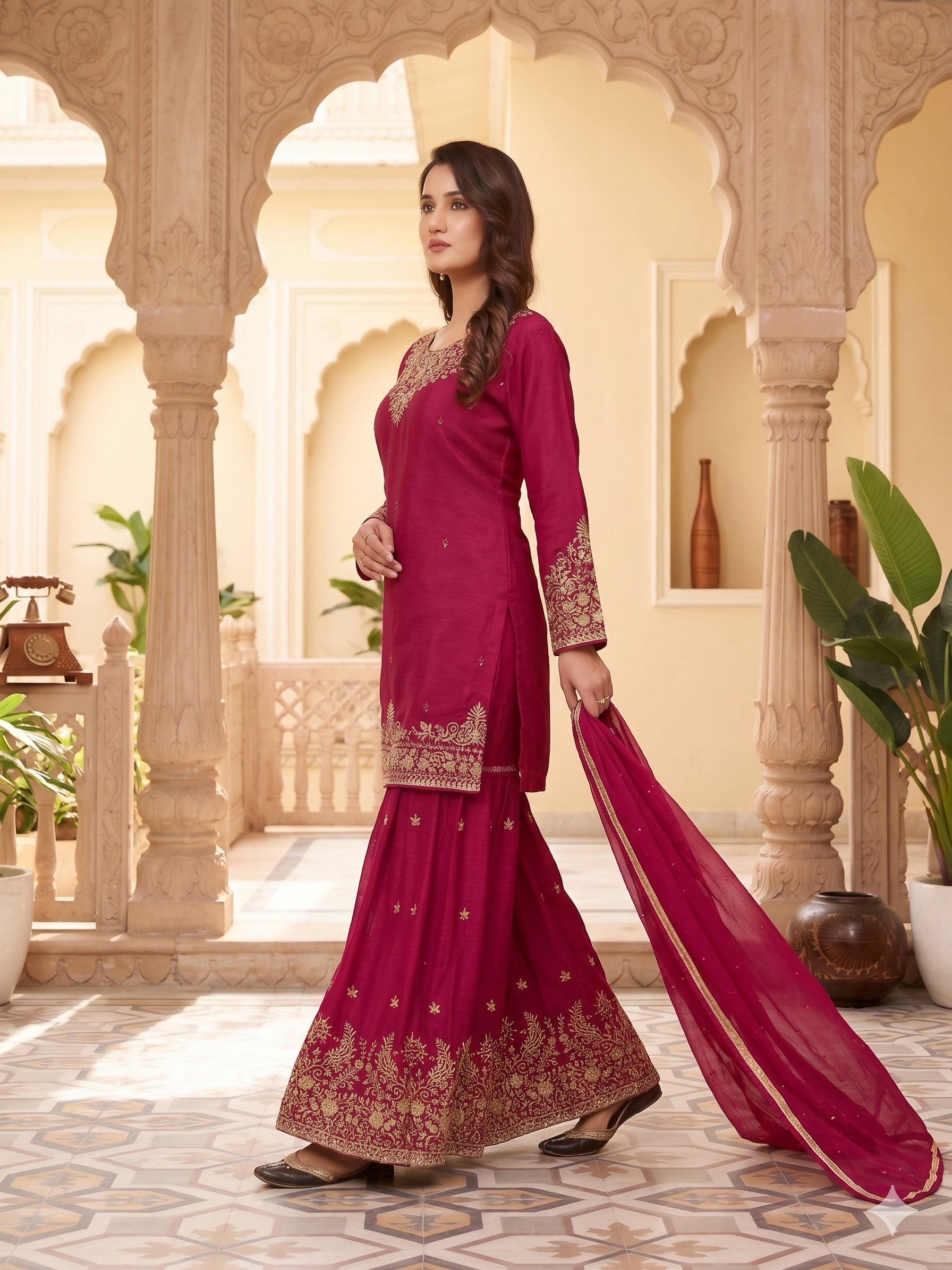 Teeya Creation Womens New Elegant Rani Pink Embroidered Sharara Suit With Golden Zari Work And Chiffon Dupatta | Grocsy