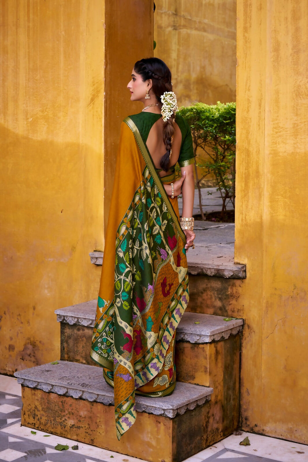 Vastranavya Mustard Viscose Chanderi Kalamkari Print with Zari Working Saree & Unstitched Blouse | Grocsy
