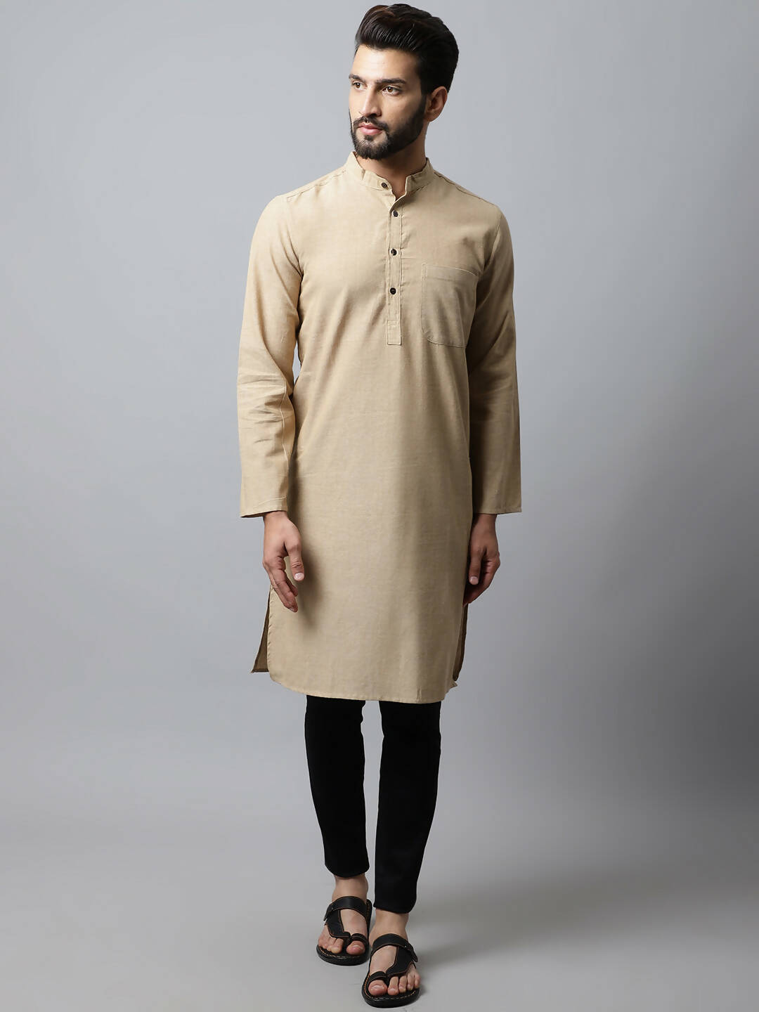 Even Apparels Beige Color Pure Cotton Men's Kurta With Band Collar (SLD1196) | Grocsy
