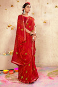 Red Georgette Bandhni Printed Saree With Unstitched Blouse Piece - Shanaya | Grocsy