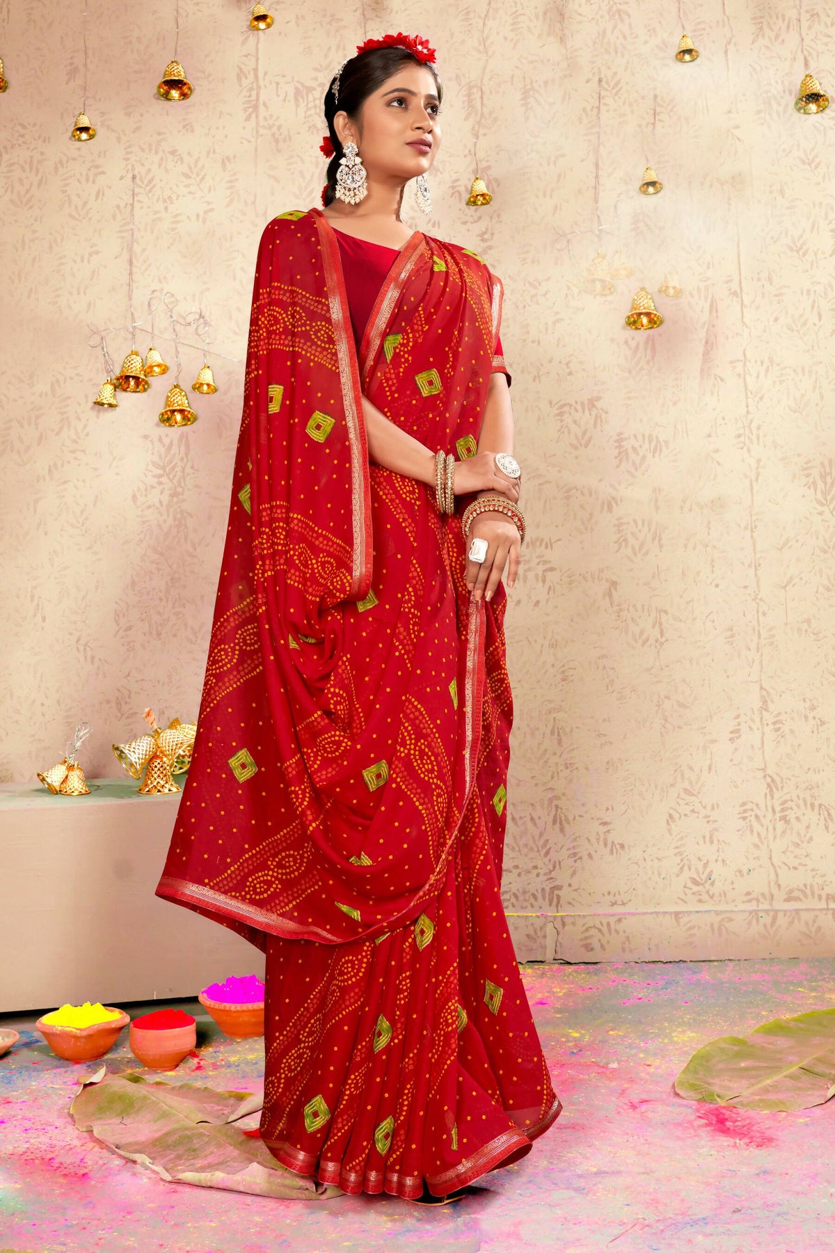 Red Georgette Bandhni Printed Saree With Unstitched Blouse Piece - Shanaya | Grocsy