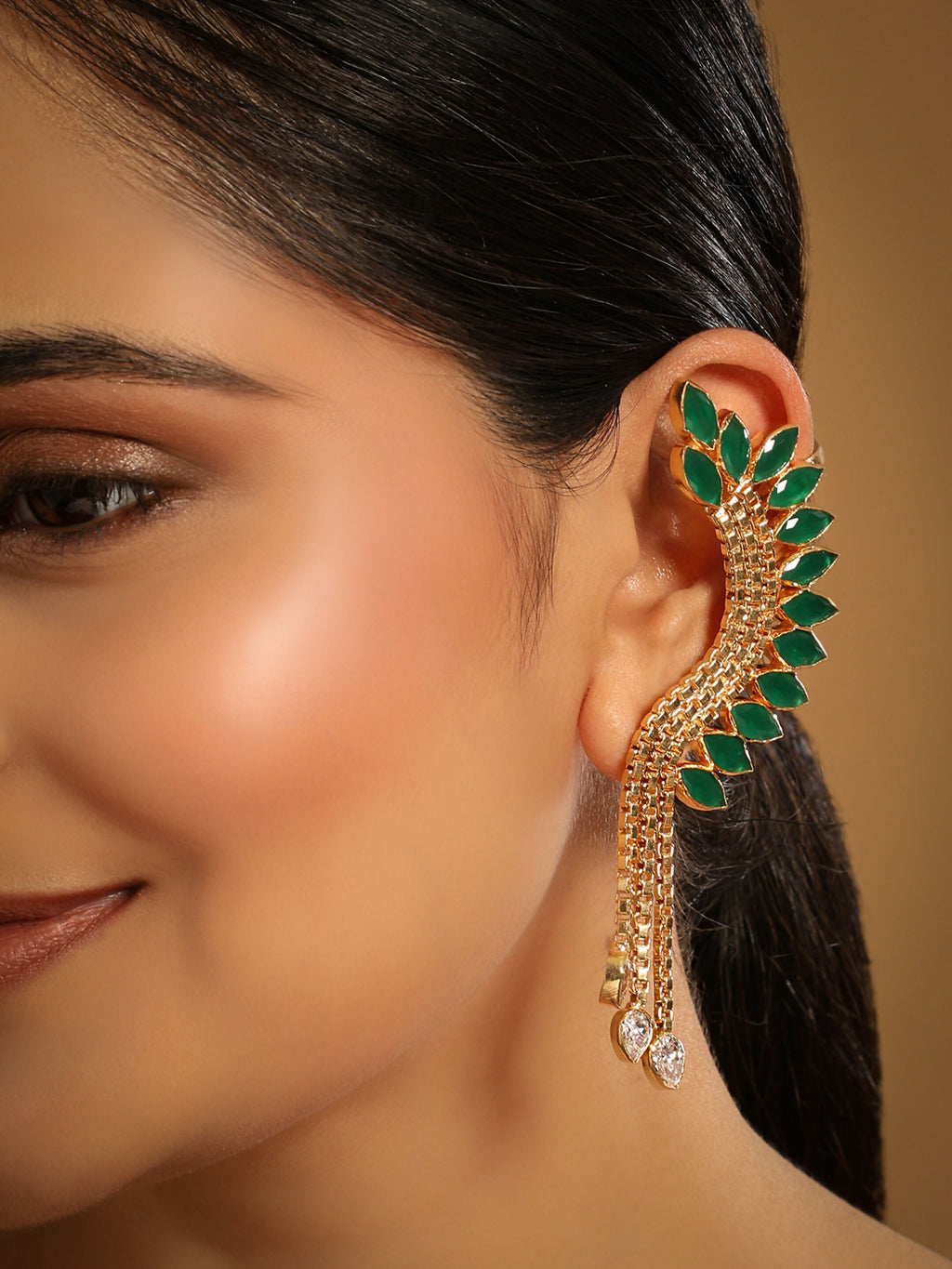 Nuyug 22K Gold Plated Faux Emerald Studded Contemporary Ear Cuff Earrings | Grocsy