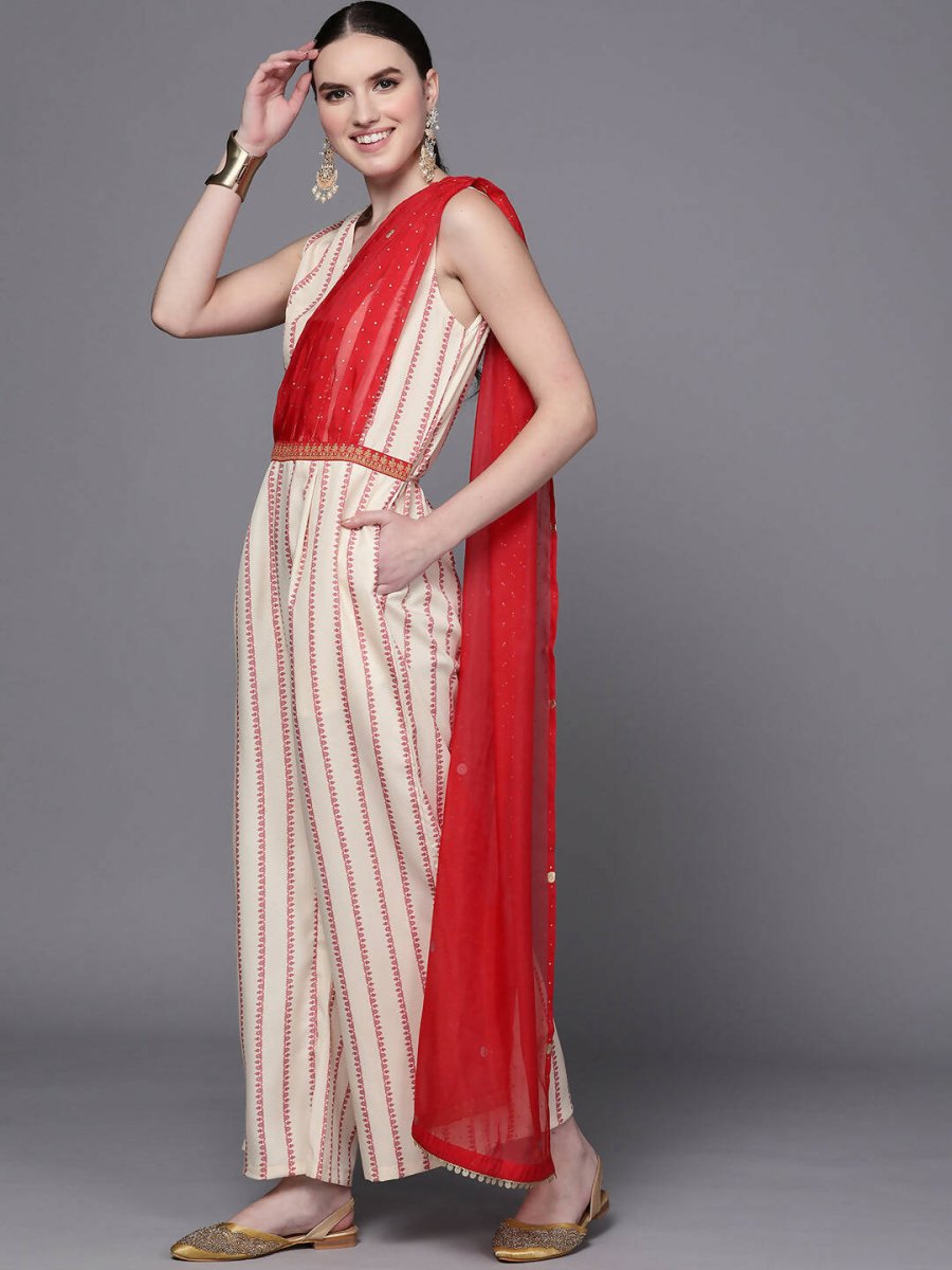 Ahalyaa Off White & Red Printed Basic Jumpsuit | Grocsy