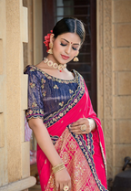 Pink Pure Viscose Weaved Silkresham , Zari And Cord Embroidery Saree - Norita Hit | Grocsy