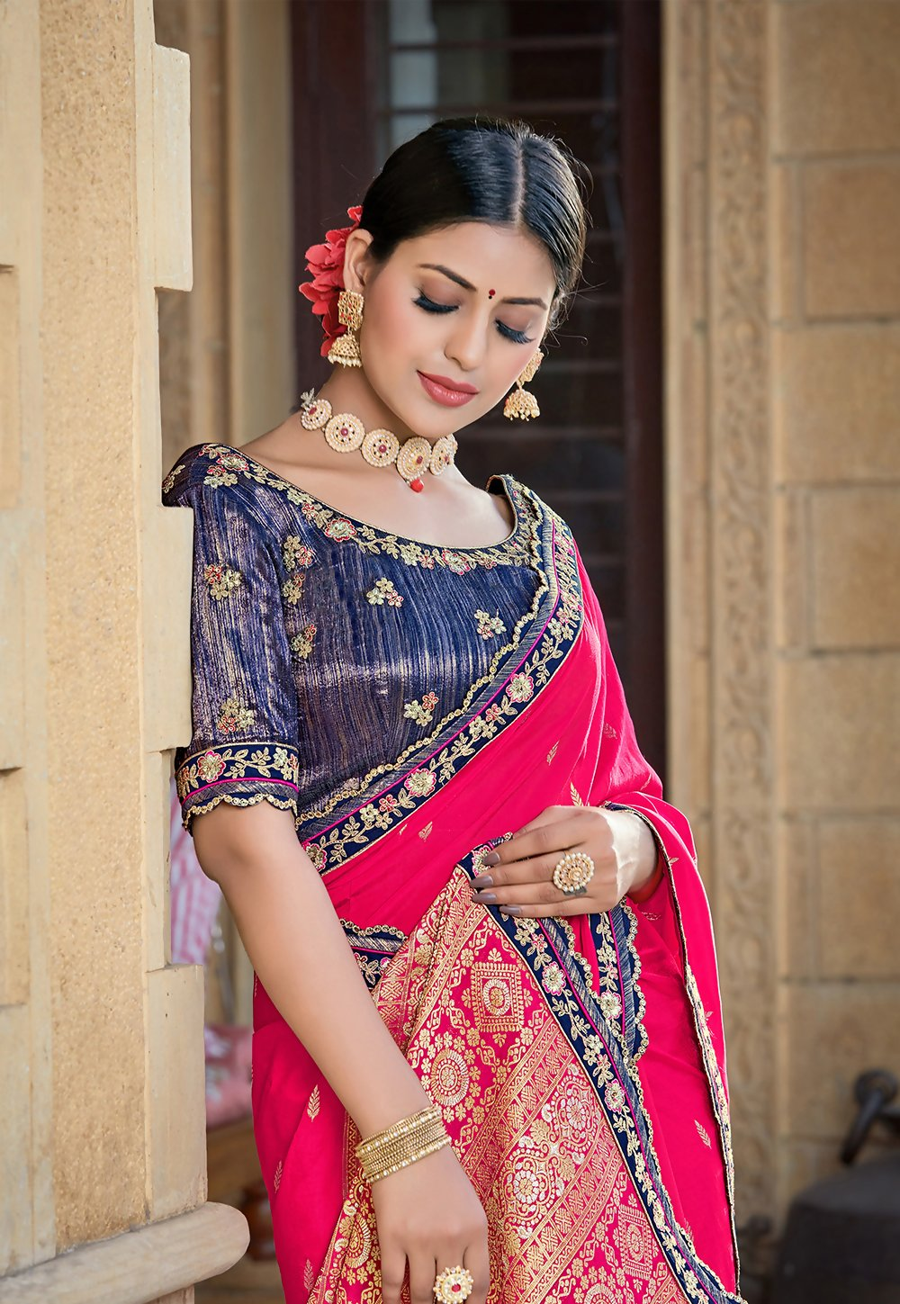 Pink Pure Viscose Weaved Silkresham , Zari And Cord Embroidery Saree - Norita Hit | Grocsy