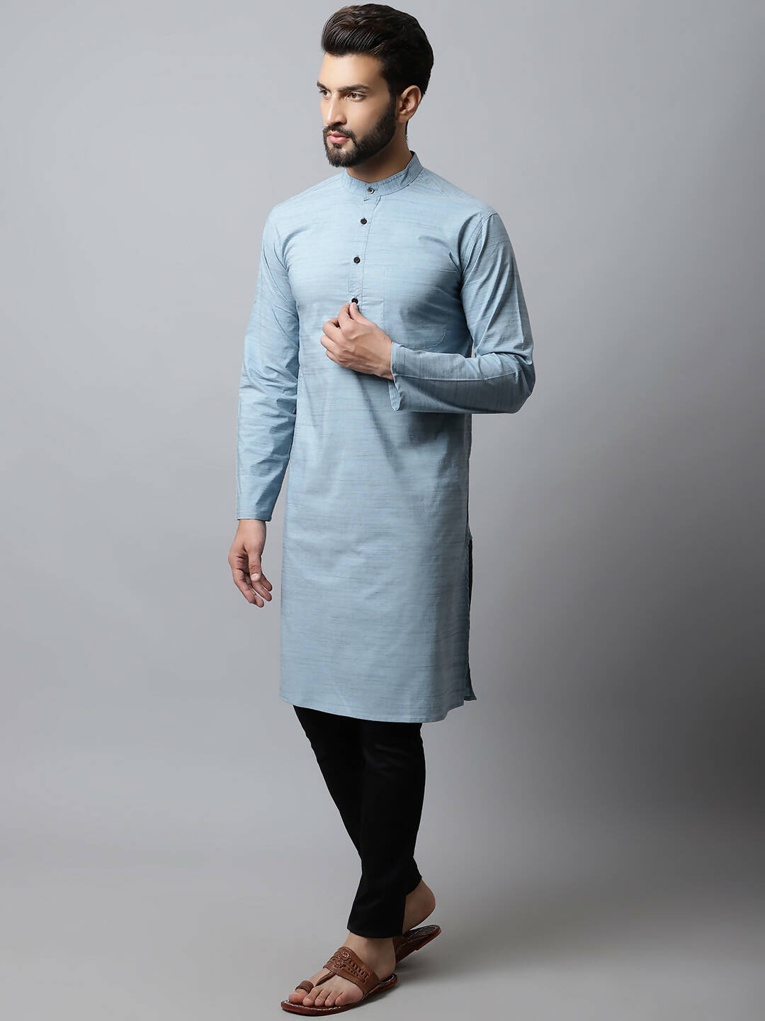 Even Apparels Blue Color Cotton Pure Cotton Men's Kurta With Side Placket (SLD1156) | Grocsy