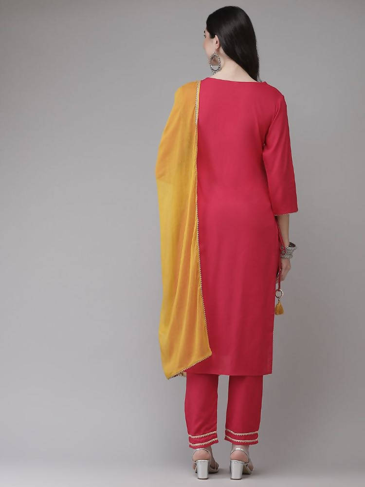 Yufta Women Pink Solid Kurta with Trouser & With Dupatta | Grocsy