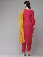 Yufta Women Pink Solid Kurta with Trouser & With Dupatta | Grocsy