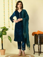 Myshka Women's Teal Velvet Kurta & Trousers With Dupatta Party Sets | Grocsy