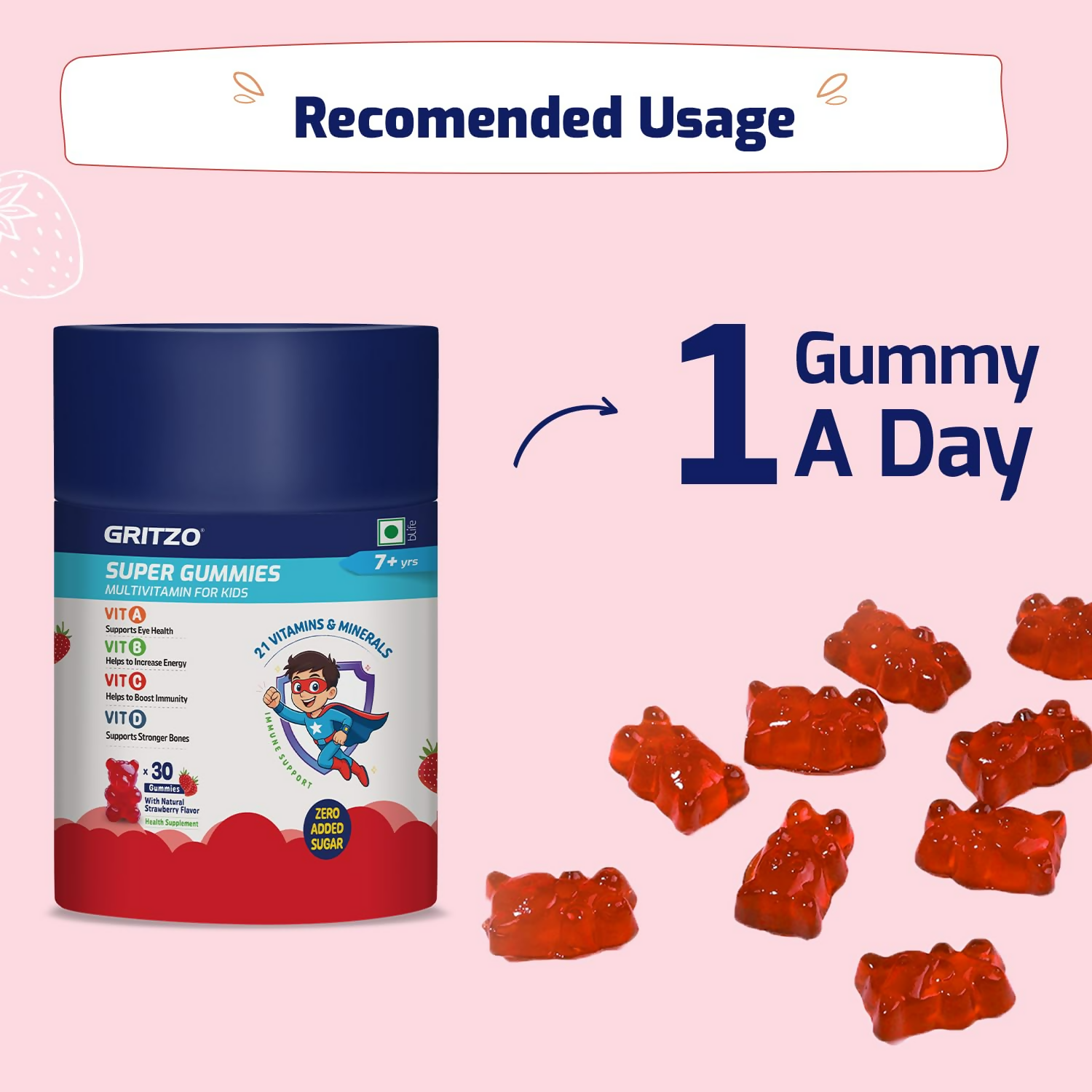 Gritzo Super Gummies Multivitamin (7+y Kids) (Strawberry Flavour) | Grocsy