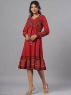 Juniper Women Rust Georgette Printed Midi Dress | Grocsy